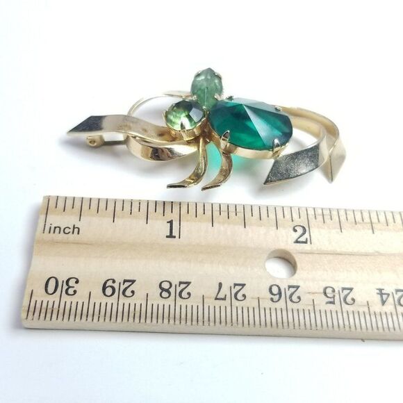 Vintage Green Rhinestone and Gold Tone Retro Brooch, 50s 60s Style, Estate - Picture 4 of 5